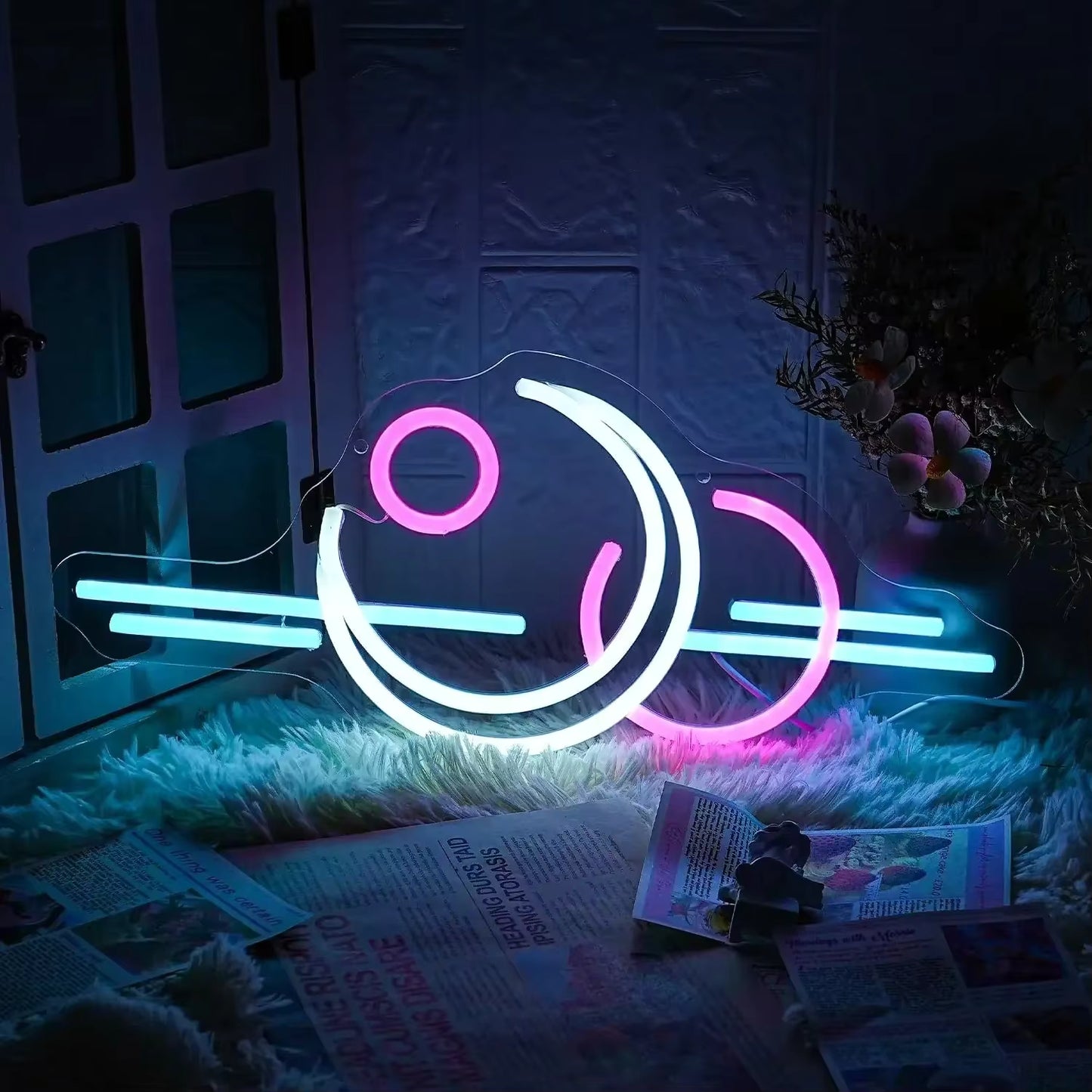 Celestial neon light glowing in bedroom decor