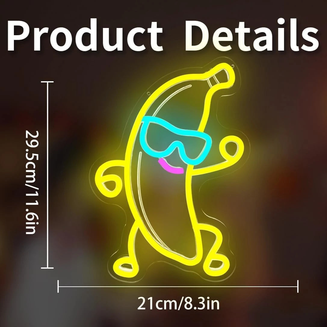 Neon banana with goggles and measurements on a dark background