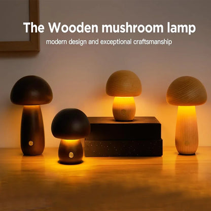 Wooden mushroom table lamp rechargeable touch night light