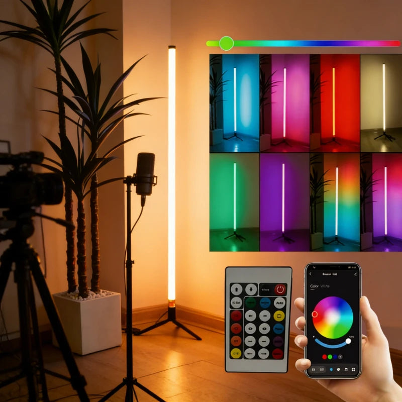 Sound pickup LED RGB lamp bar 120CM illuminated showing full-length corner placement for gaming room