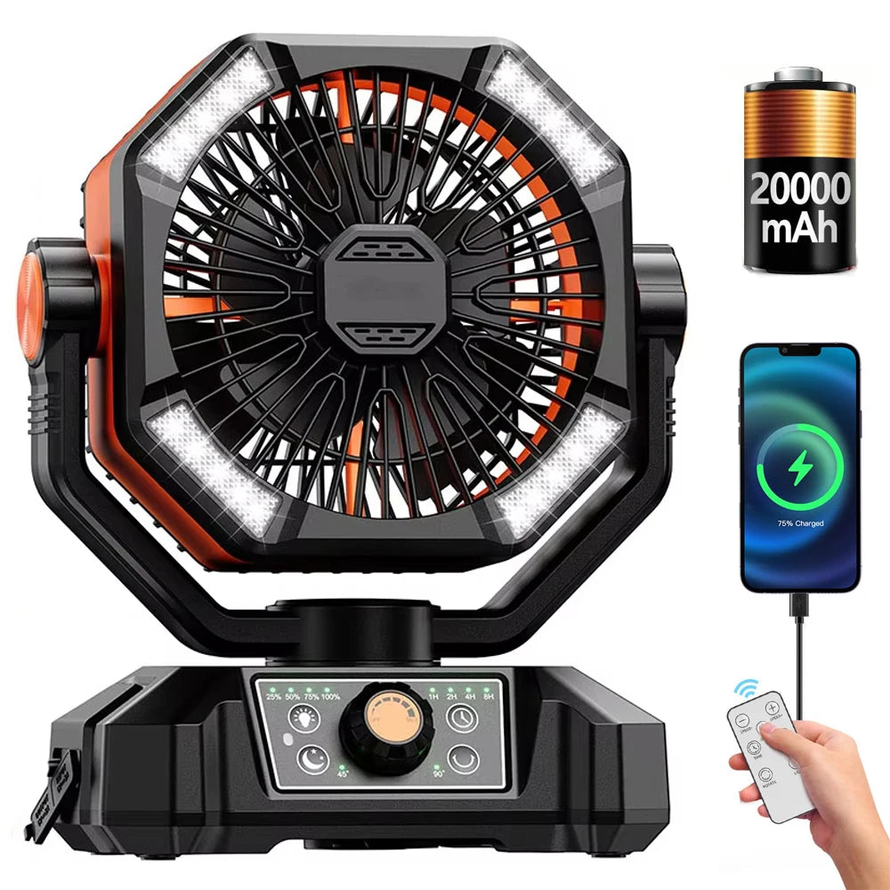 Camping Fan 20000mAh Rechargeable Battery Operated Fan | Dual Motor Clip Fan with LED Lantern, Remote Control, Digital Display & 270° Rotation Outdoor Portable Fan for Tent, Travel & Home