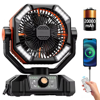 Camping Fan 20000mAh Rechargeable Battery Operated Fan | Dual Motor Clip Fan with LED Lantern, Remote Control, Digital Display & 270° Rotation Outdoor Portable Fan for Tent, Travel & Home