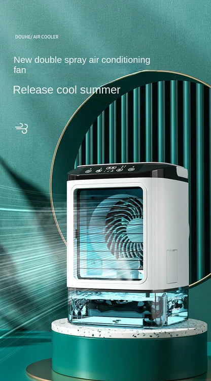Double spray air conditioning fan with cooling effect on a teal background