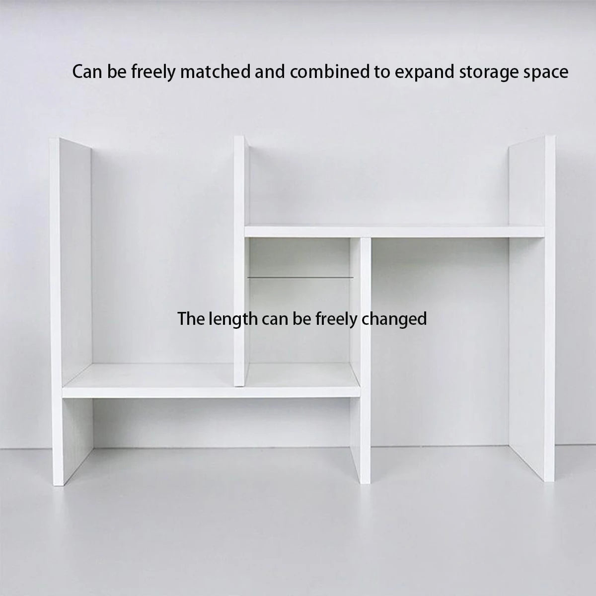 White adjustable desk bookshelf, expandable multi tier, view 7