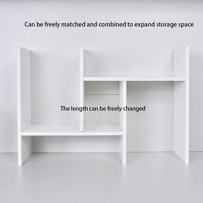 White adjustable desk bookshelf, expandable multi tier, view 7