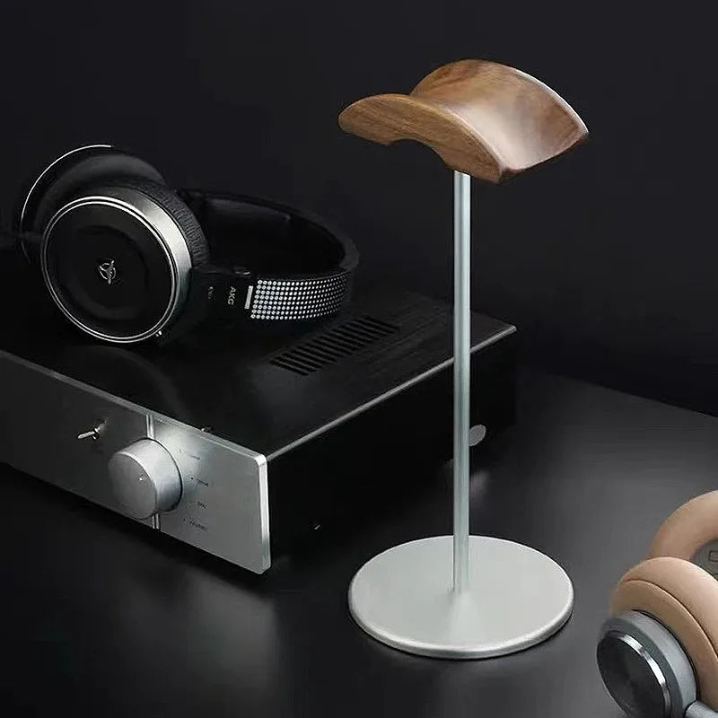 Walnut headphone stand with an aluminium base, view 2