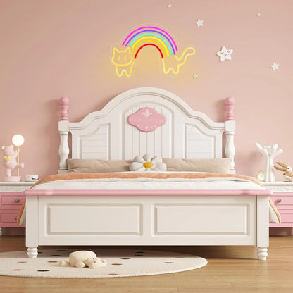 Children's bedroom with a white bed, pink headboard, and decorative elements on a pink wall.
