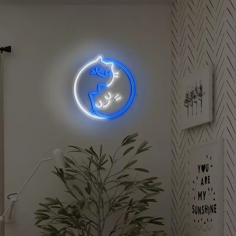 Aesthetic cat neon light glowing in bar decor