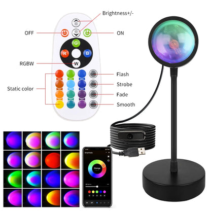 Tuya smart sunset lamp showing warm golden projection effect