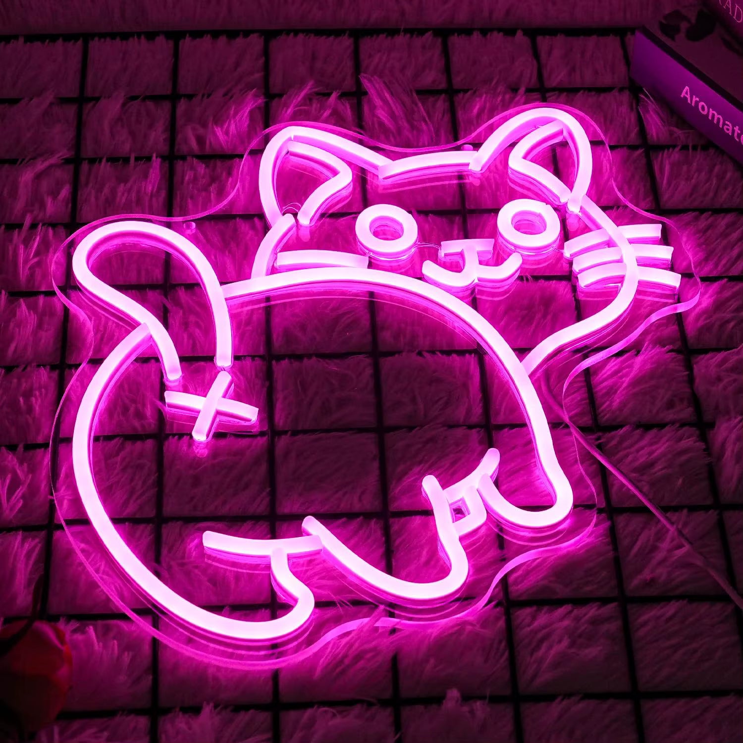 Pink cat neon light glowing bedroom wall art