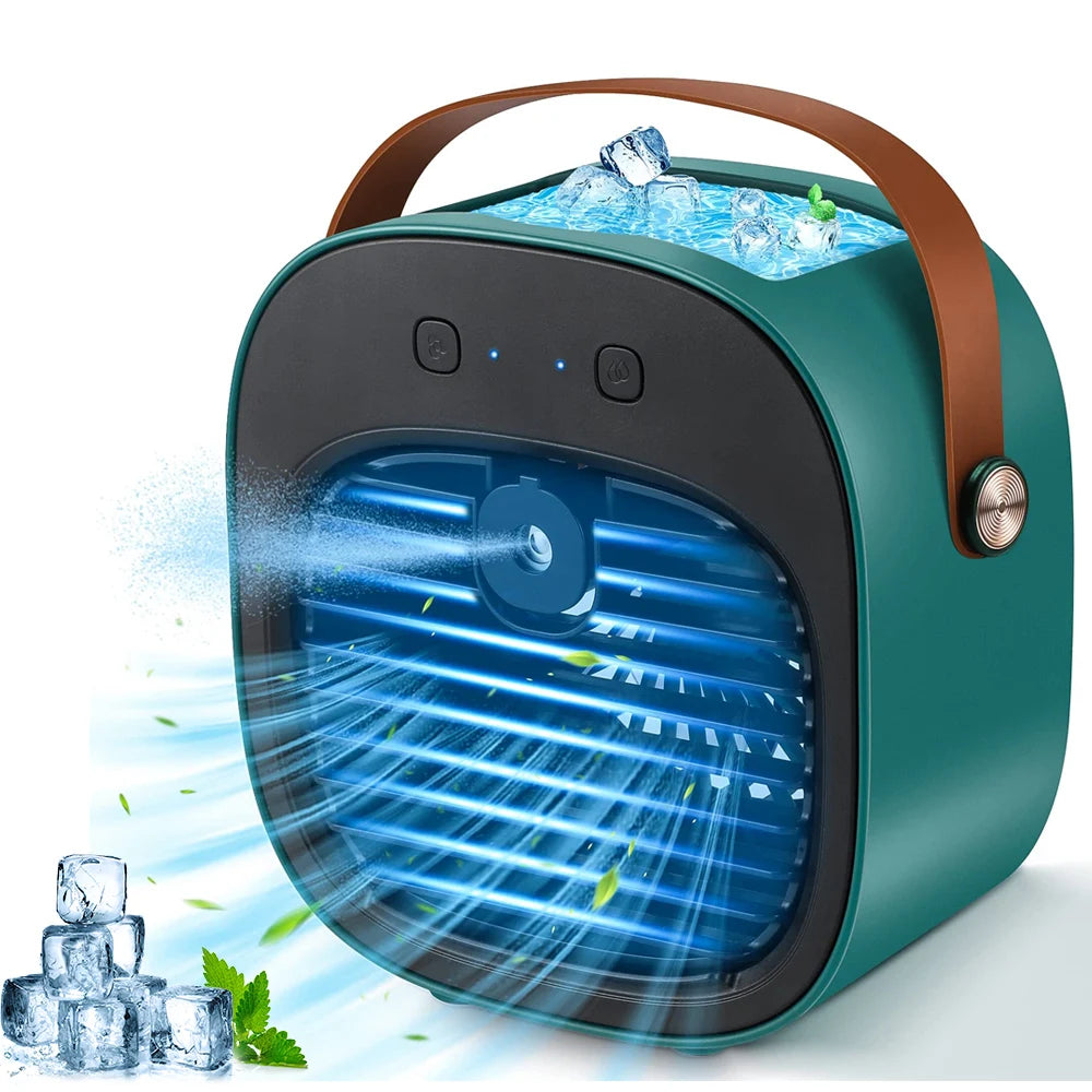 Portable air cooler with ice cubes on a white background
