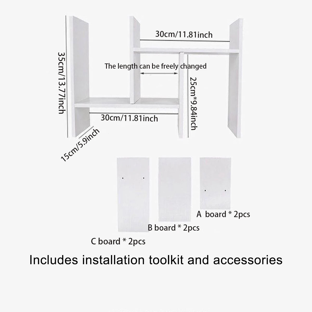 White adjustable desk bookshelf, expandable multi tier, view 2