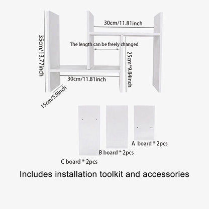 White adjustable desk bookshelf, expandable multi tier, view 2