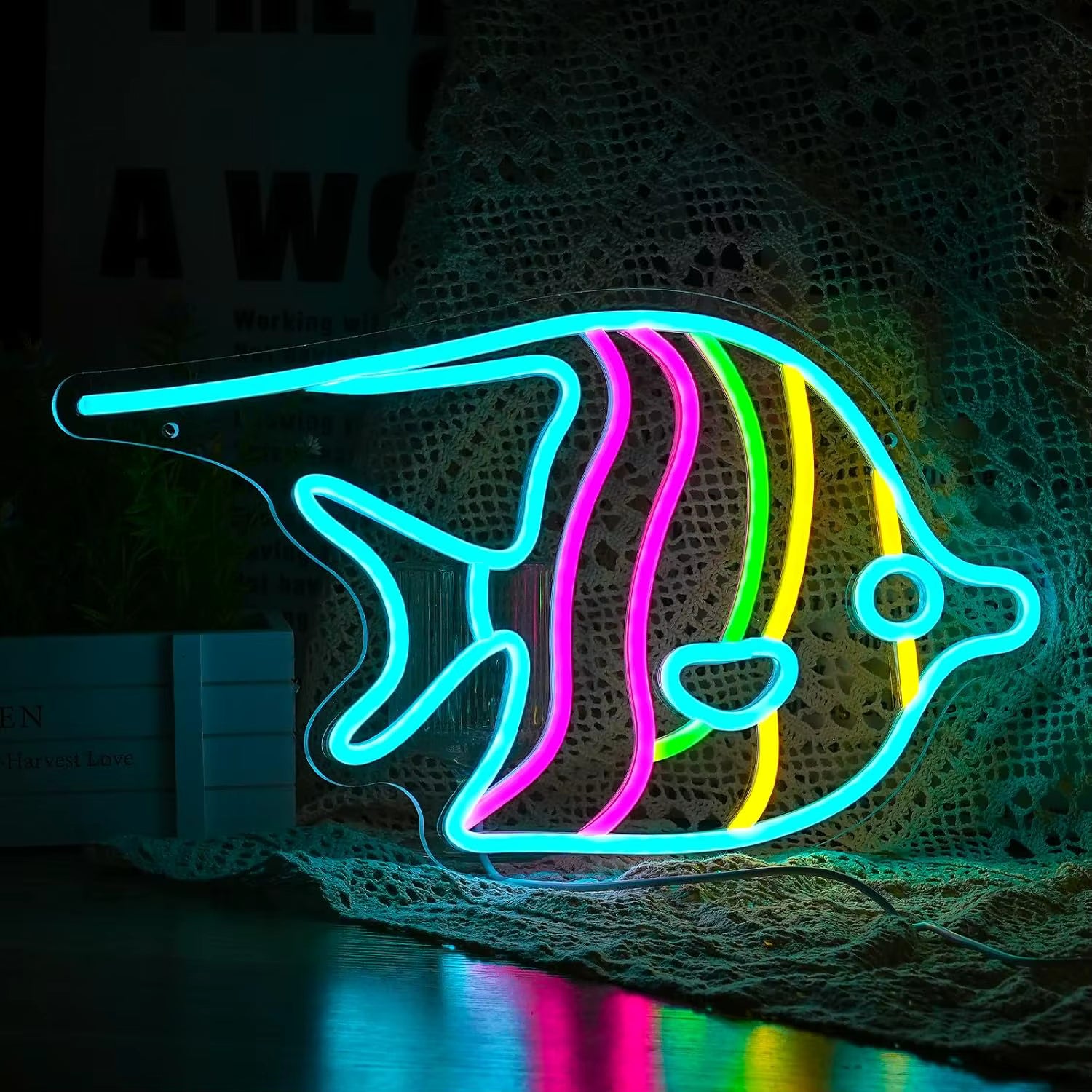 Ocean fish neon light glowing in restaurant decor
