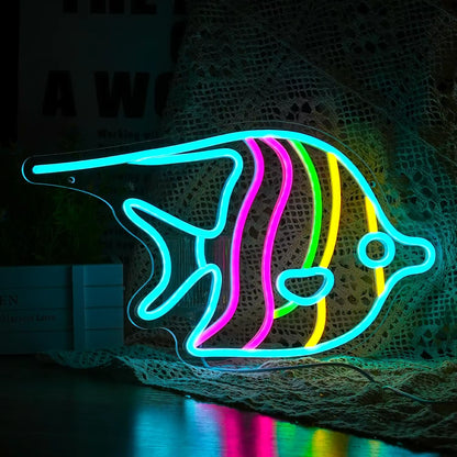 Ocean fish neon light glowing in restaurant decor