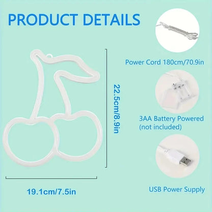Product details of a cherry-shaped light with measurements and features on a light blue background.